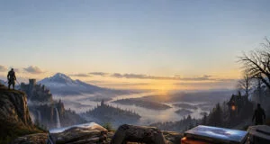 Manette de jeu et piles de jeux vidéo posées sur un rocher devant un paysage montagneux fantastique au coucher du soleil.