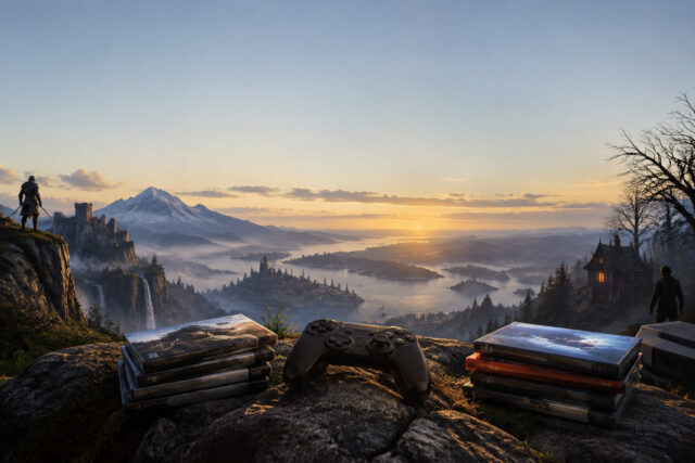 Manette de jeu et piles de jeux vidéo posées sur un rocher devant un paysage montagneux fantastique au coucher du soleil.
