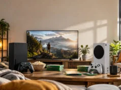 Sept jeux gratuits sur Xbox One et Series X|S, pour une durée limitée Consoles Xbox Series X et S sur une table basse devant un écran affichant un paysage montagneux.