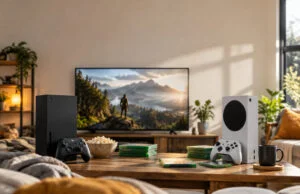Sept jeux gratuits sur Xbox One et Series X|S, pour une durée limitée Consoles Xbox Series X et S sur une table basse devant un écran affichant un paysage montagneux.