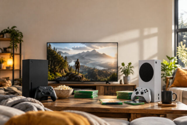 Jeux gratuits sur Xbox : profitez-en maintenant Consoles Xbox Series X et S sur une table basse devant un écran affichant un paysage montagneux.