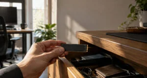 Une main tenant un SSD M.2 retiré d'un tiroir de bureau en bois rempli d'accessoires.