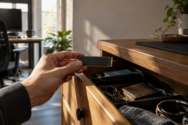 Une main tenant un SSD M.2 retiré d'un tiroir de bureau en bois rempli d'accessoires.