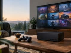Quels jeux seront compatibles avec la Steam Machine 2026 ? Console de jeu noire minimaliste sur une table en bois avec une manette, devant une TV affichant une bibliothèque de jeux.