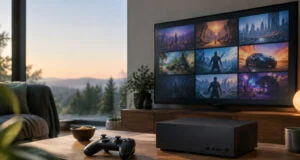 Console de jeu noire minimaliste sur une table en bois avec une manette, devant une TV affichant une bibliothèque de jeux.