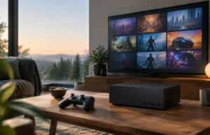 Quels jeux seront compatibles avec la Steam Machine 2026 ? Console de jeu noire minimaliste sur une table en bois avec une manette, devant une TV affichant une bibliothèque de jeux.