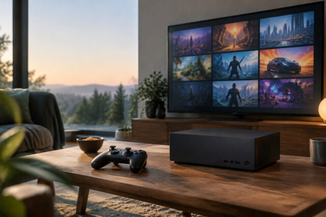 Steam Machine 2026 : Le gaming nouvelle génération Console de jeu noire minimaliste sur une table en bois avec une manette, devant une TV affichant une bibliothèque de jeux.
