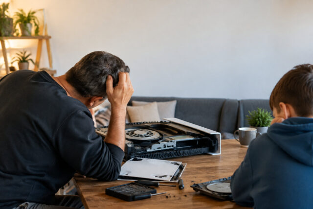 Un père et son fils examinant une console PS5 démontée sur une table en bois, l'homme semble perplexe.