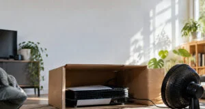 Une console PS5 Pro sans coque installée dans un carton avec un ventilateur braqué dessus pour la refroidir.