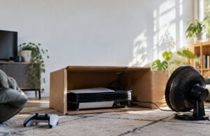 L’endurance inattendue d’une PS5 Pro sans boîtier, refroidie par un ventilateur Une console PS5 Pro sans coque installée dans un carton avec un ventilateur braqué dessus pour la refroidir.
