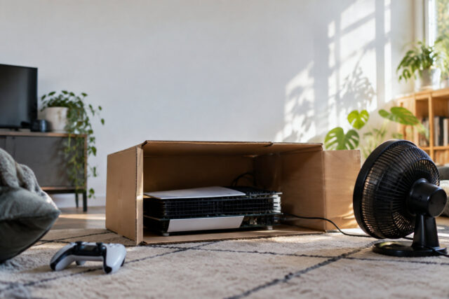 PS5 Pro sans boîtier : test de refroidissement extrême Une console PS5 Pro sans coque installée dans un carton avec un ventilateur braqué dessus pour la refroidir.