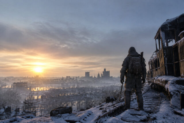 Trilogie Metro à prix réduit sur Xbox Un survivant en équipement hivernal observe les ruines d'une ville enneigée au lever du soleil sur une voie ferrée.