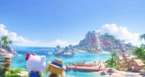 Hello Kitty et Pompompurin assis sur une colline surplombant une île tropicale ensoleillée avec une cascade.
