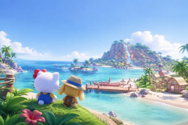 Hello Kitty et Pompompurin assis sur une colline surplombant une île tropicale ensoleillée avec une cascade.