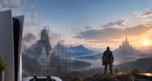 Une console PS5 et sa manette devant une vue de jeu vidéo fantastique partiellement pixélisée.