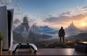 L’upscaling QSSR de la PS5 bute sur le SDK de nombreux jeux Une console PS5 et sa manette devant une vue de jeu vidéo fantastique partiellement pixélisée.
