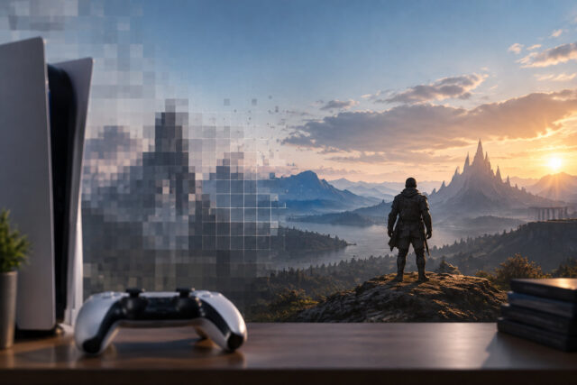 Les défis de l'upscaling PSSR sur PS5 Une console PS5 et sa manette devant une vue de jeu vidéo fantastique partiellement pixélisée.