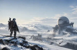 ARC Raiders gratuit sur PS5, Xbox et PC du 8 au 12 octobre Un soldat en équipement futuriste observe un paysage enneigé avec une structure sphérique monumentale en ruines.