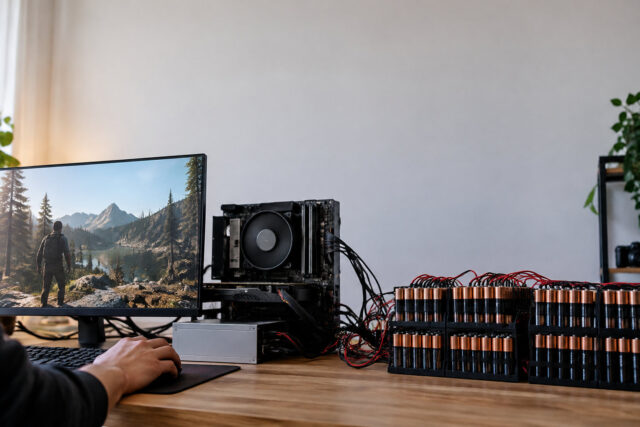 PC Ryzen alimenté par 192 piles AA Un PC Ryzen sous Linux alimenté par une rangée de 192 piles AA connectées par des câbles sur un bureau en bois.