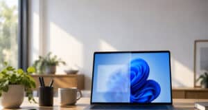Un ordinateur portable ouvert sur un bureau montrant une comparaison entre un écran avec et sans transparence Windows 11.