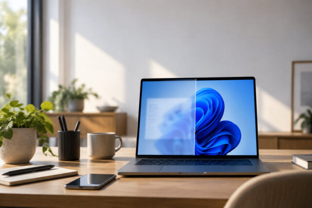 Un ordinateur portable ouvert sur un bureau montrant une comparaison entre un écran avec et sans transparence Windows 11.
