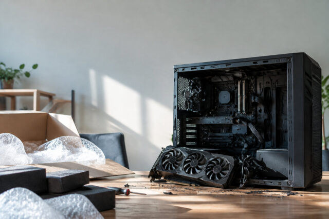 PC gamer avec carte graphique RTX 3090 détachée Une carte graphique RTX 3090 est posée devant un boîtier PC ouvert sur une table avec du matériel d'emballage.