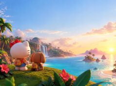 Hello Kitty Island Adventure gratuit pour les abonnés Switch Online Hello Kitty et son ami contemplent un paysage tropical ensoleillé avec une cascade et l'océan.