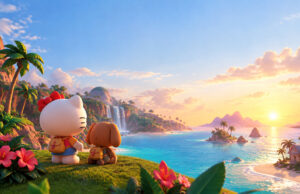 Hello Kitty Island Adventure gratuit pour les abonnés Switch Online Hello Kitty et son ami contemplent un paysage tropical ensoleillé avec une cascade et l'océan.