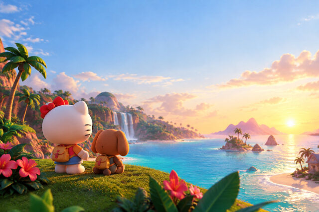 Hello Kitty Island Adventure : Une évasion tropicale Hello Kitty et son ami contemplent un paysage tropical ensoleillé avec une cascade et l'océan.