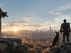 Fallout 4 sur PS5 en promo : acheter ou prendre le PS Plus ? Un survivant et son chien regardent un paysage post-apocalyptique au coucher du soleil dans Fallout 4.