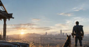 Un survivant et son chien regardent un paysage post-apocalyptique au coucher du soleil dans Fallout 4.