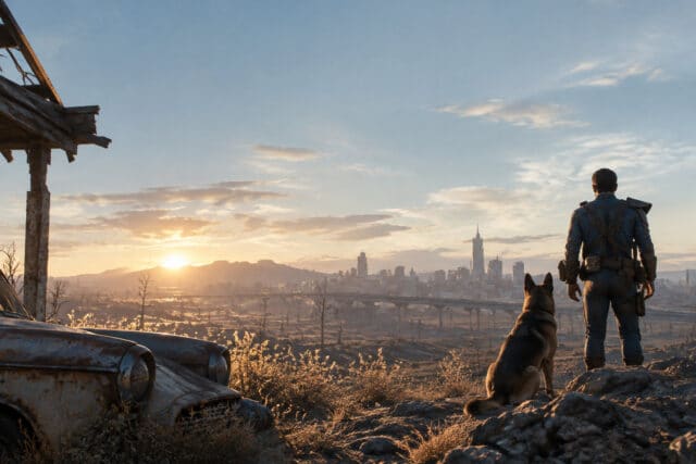 Fallout 4 : Survivre dans les Terres désolées Un survivant et son chien regardent un paysage post-apocalyptique au coucher du soleil dans Fallout 4.