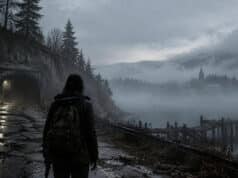Pourquoi le survival horror fascine autant les joueurs Une personne avec un sac à dos regarde un tunnel sombre près d'un lac brumeux et d'un village lointain.