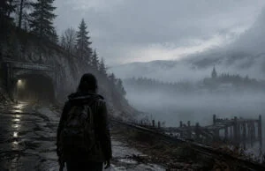 Pourquoi le survival horror fascine autant les joueurs Une personne avec un sac à dos regarde un tunnel sombre près d'un lac brumeux et d'un village lointain.