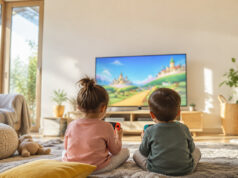 Nintendo lance deux jeux Mario gratuits sur Switch et Switch 2 Deux enfants assis au sol dans un salon lumineux, jouant à un jeu vidéo Mario sur une grande télévision.
