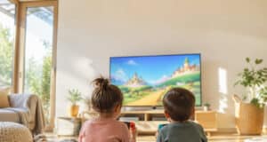 Deux enfants assis au sol dans un salon lumineux, jouant à un jeu vidéo Mario sur une grande télévision.