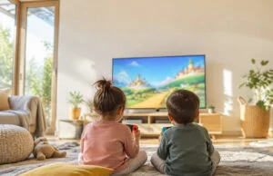 Nintendo lance deux jeux Mario gratuits sur Switch et Switch 2 Deux enfants assis au sol dans un salon lumineux, jouant à un jeu vidéo Mario sur une grande télévision.