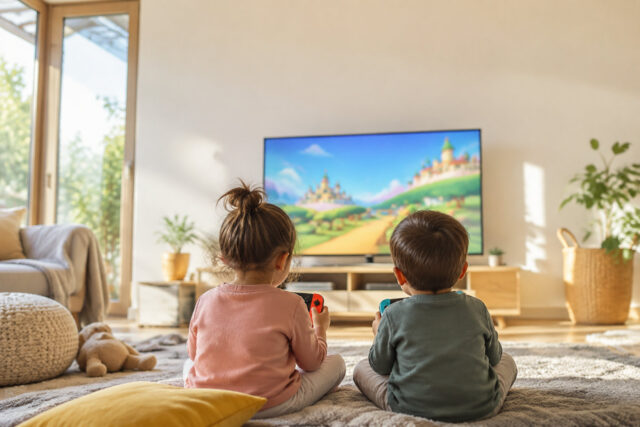 Enfants jouant à Mario sur Nintendo Switch Deux enfants assis au sol dans un salon lumineux, jouant à un jeu vidéo Mario sur une grande télévision.