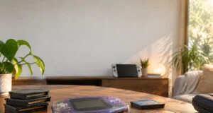 Console Game Boy Advance violette posée sur une table en bois entourée de plusieurs cartouches de jeux.