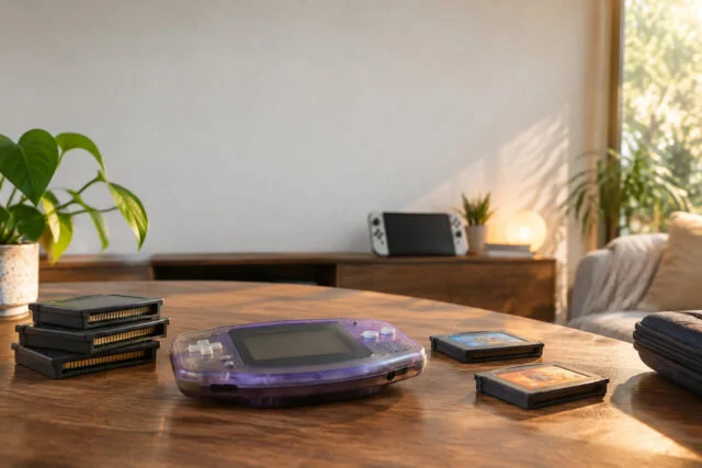 Console Game Boy Advance violette posée sur une table en bois entourée de plusieurs cartouches de jeux.