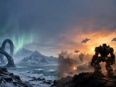 Prime Gaming offre Conarium et WarBreeds sans frais sur GOG Une image divisée en deux montrant un paysage enneigé arctique à gauche et un champ de bataille futuriste avec un robot.