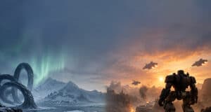 Une image divisée en deux montrant un paysage enneigé arctique à gauche et un champ de bataille futuriste avec un robot.