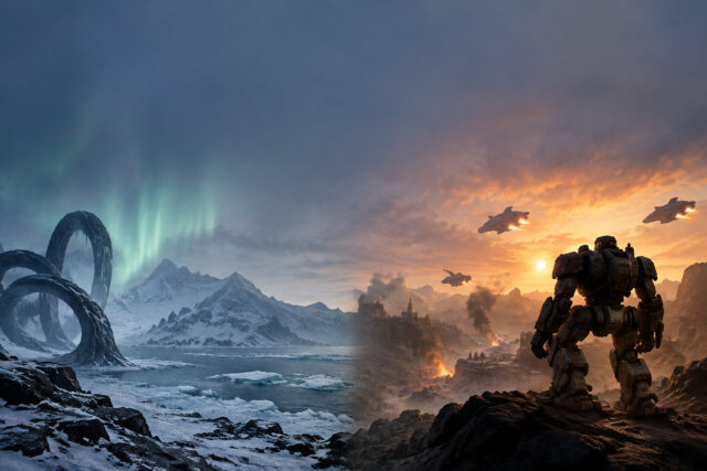 Conarium et WarBreeds offerts sur GOG Une image divisée en deux montrant un paysage enneigé arctique à gauche et un champ de bataille futuriste avec un robot.