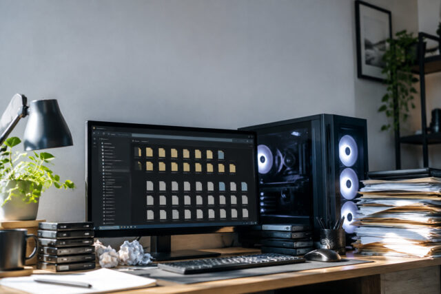 Problèmes d'espace disque avec Corsair iCUE Bureau avec PC gaming et écran affichant des dossiers, illustrant un manque d'espace de stockage.