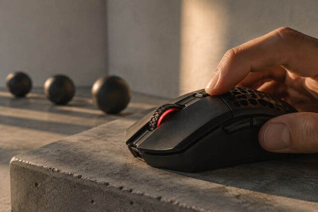 Régler le DPI de sa souris gaming pour progresser Une main utilise une souris gaming noire avec un éclairage rouge sur un socle en béton sous une lumière naturelle.