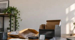 Processeur informatique, boîte noire vide et emballage à bulles posés sur une table en bois dans un intérieur lumineux.