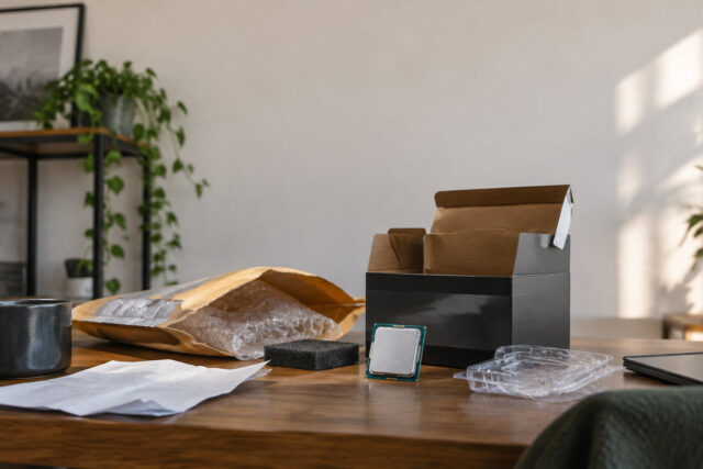 Processeur Intel contrefait reçu par commande Amazon Processeur informatique, boîte noire vide et emballage à bulles posés sur une table en bois dans un intérieur lumineux.