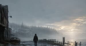 Une personne solitaire marche sur un quai sombre et brumeux face à une ville délabrée sous un ciel crépusculaire.