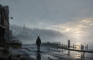 Konami déploie le patch 1.4.0 de Silent Hill : Townfall Une personne solitaire marche sur un quai sombre et brumeux face à une ville délabrée sous un ciel crépusculaire.
