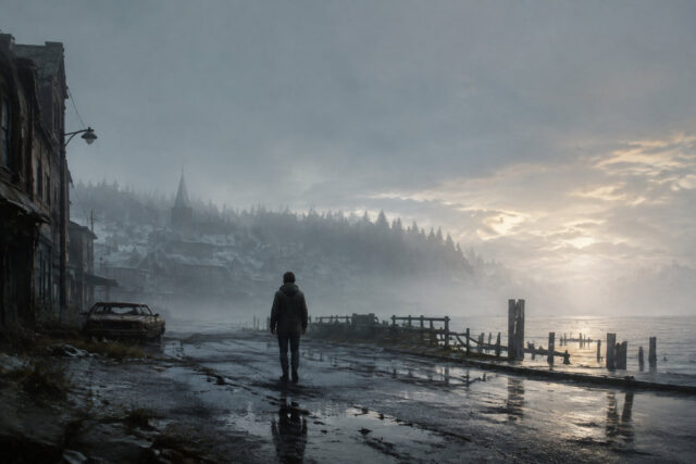 Silent Hill: Townfall - Ambiance brumeuse Une personne solitaire marche sur un quai sombre et brumeux face à une ville délabrée sous un ciel crépusculaire.